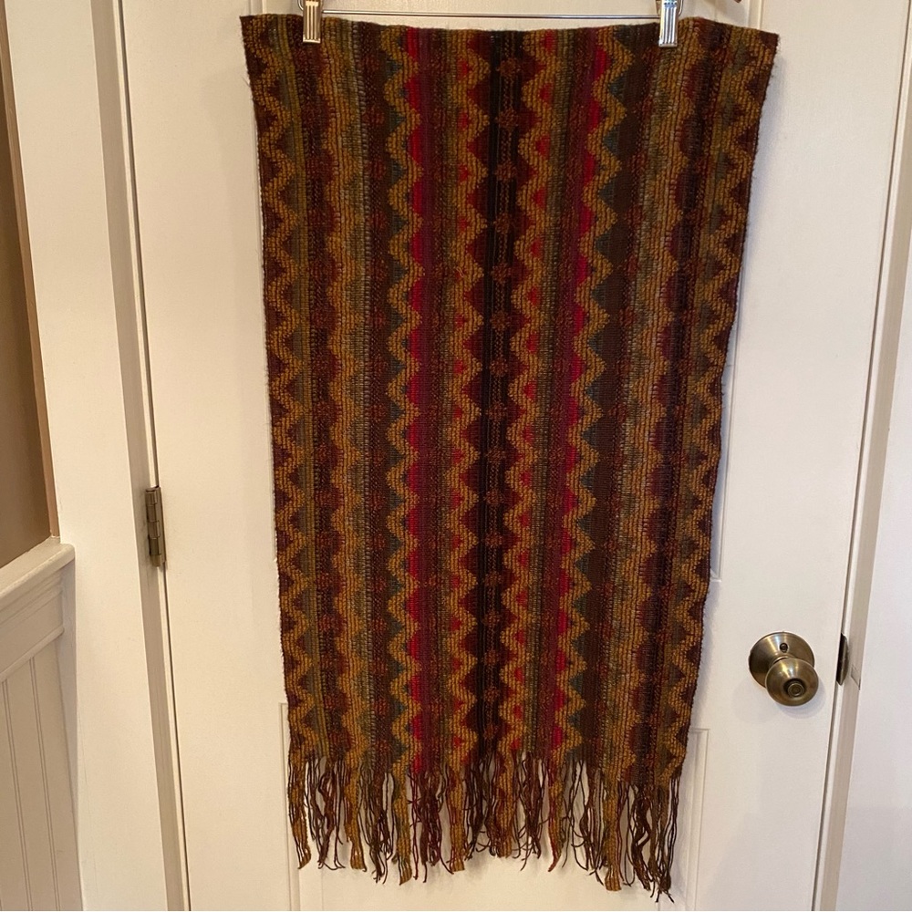 MISSONI FOULARD SCARF ZIG ZAG CHEVRON BROWN GOLD RED FRINGED LARGE RECTANGLE